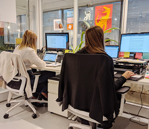 Two E4D employees working side by side in the office